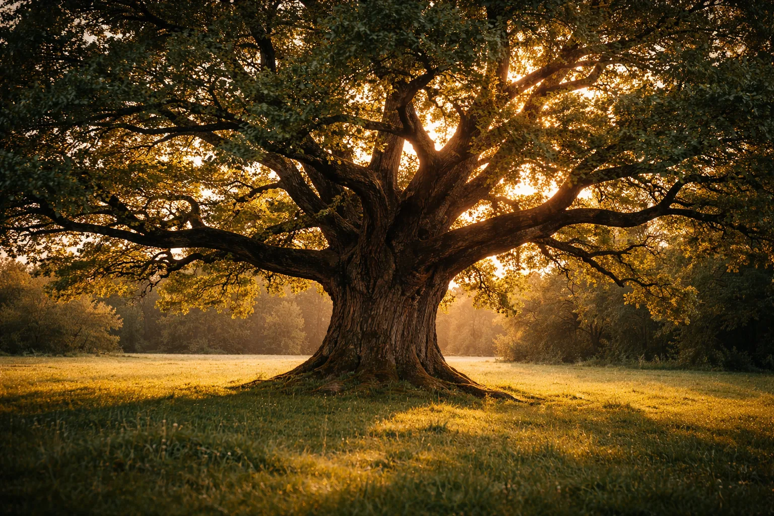 Ancient oak tree at golden hour